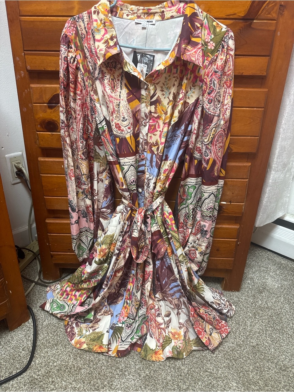 Fashion Nova Multi-Color Paisley Tie-Waist Long Sleeve Shirt Dress